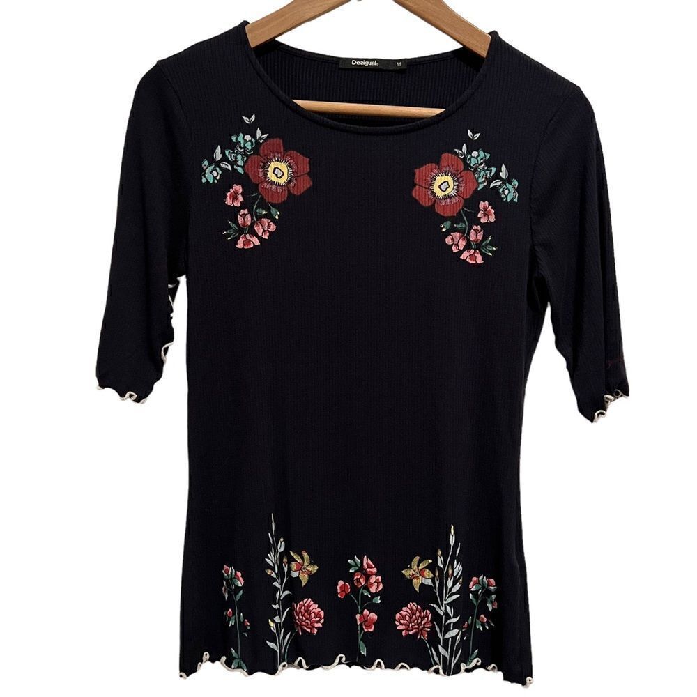 Desigual Navy Floral Print Lettuce Edge Short Sleeve Top size M